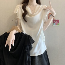 批发高级感荡领醋酸缎面短袖衬衫女夏新款胖MM设计感气质显瘦别致<b class='q'>上衣</b>