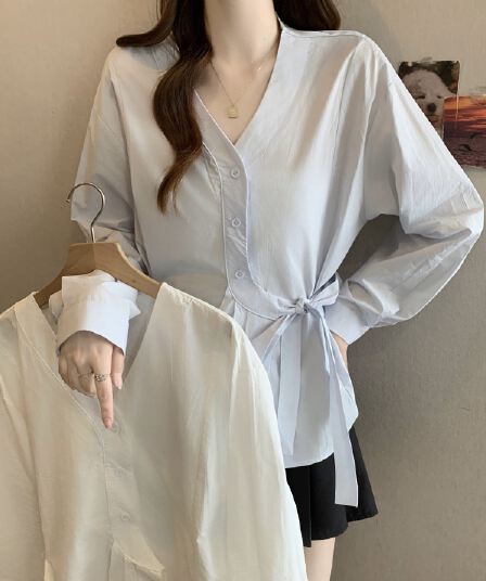이른 가을 새로운 프랑스식 V넥 긍정적 인 어깨 긴팔 여성 셔츠 지방 mm 불규칙 스트랩 허리 수축 슬림해 보이는 Chic 맨위