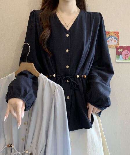 이른 가을 새로운 고급 센스 프랑스식 V넥 비즈 긍정적 인 어깨 긴팔 여성 셔츠 지방 mm 품격 슬림해 보이는 Chic 맨위
