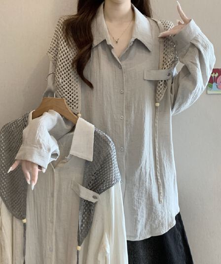 이른 가을 새로운 품격 다용도 POLO 칼라 긍정적 인 어깨 긴팔 셔츠 빅 사이즈 캐주얼 슬림해 보이는 스택 착용 숄 투피스 세트