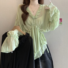 批发气质V领法式木耳边长袖<b class='q'>雪纺衫女</b>夏秋新款胖MM<b class='q'>收腰</b>显瘦巨好看衬衫