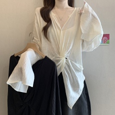 批发设计感不规则纽结喇叭袖正肩衬衫女<b class='q'>夏</b>秋新款胖MM气质显瘦开叉上衣