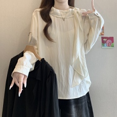 批发法式气质设计感飘带领正肩长袖衬衫女秋新款胖MM通勤百搭显瘦上衣