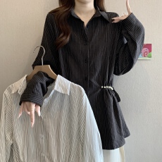 批发设计感系带串珠polo领正肩长袖衬衫女秋新款胖MM收腰显瘦气质上衣