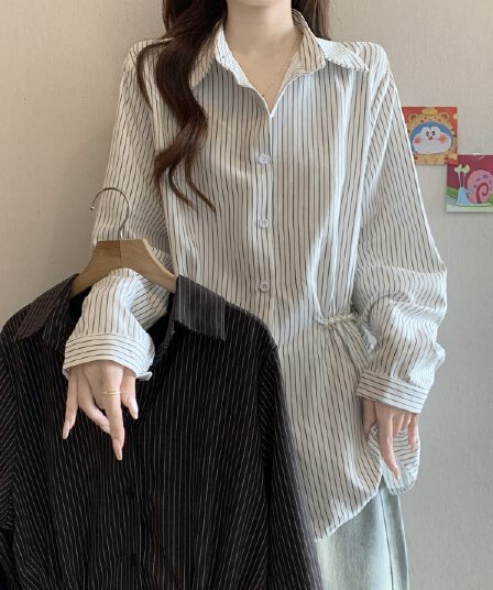디자인 센스 비즈 POLO 칼라 긍정적 인 어깨 긴팔 스트라이프 여성 셔츠 가을 새로운 지방 mm 허리 수축 슬림해 보이는 품격 맨위