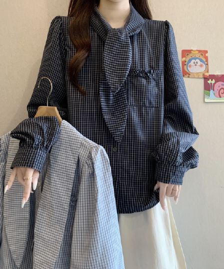 고급 센스 체크무늬 넥타이 폴로 칼라 긍정적 인 어깨 긴팔 여성 셔츠 가을 새로운 지방 mm 레트로 슬림해 보이는 고유 한 맨위