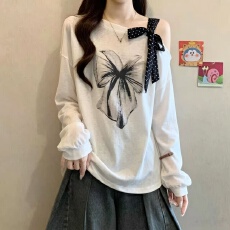 批发波点蝴蝶结露肩印花长袖T恤女<b class='q'>秋</b>新款胖MM时尚减龄巨好看显瘦上衣