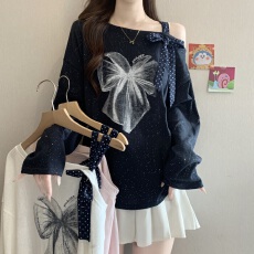 批发高级感波点蝴蝶结露肩长袖T恤女<b class='q'>秋</b>新款胖MM独特漂亮宽松显瘦上衣
