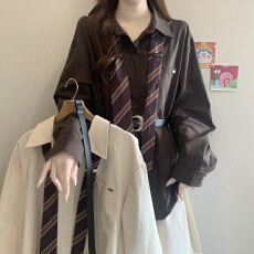 批发设计感条纹领带polo领长袖衬衫女秋新款胖MM气质显瘦独特百搭上衣