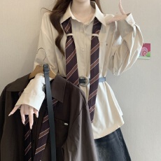 批发设计感条纹领带polo领长袖衬衫女秋新款胖MM气质显瘦独特百搭上衣