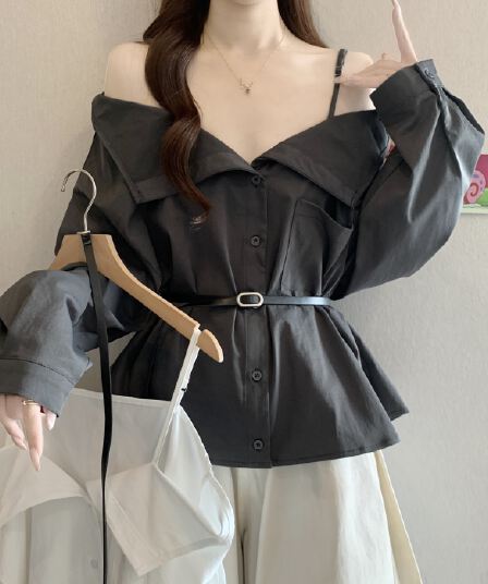 고급 센스 빅 칼라 오프숄더 오프숄더 긴팔 여성 셔츠 가을 새로운 지방 mm 품격 슬림해 보이는 그레이트 봐. 의류