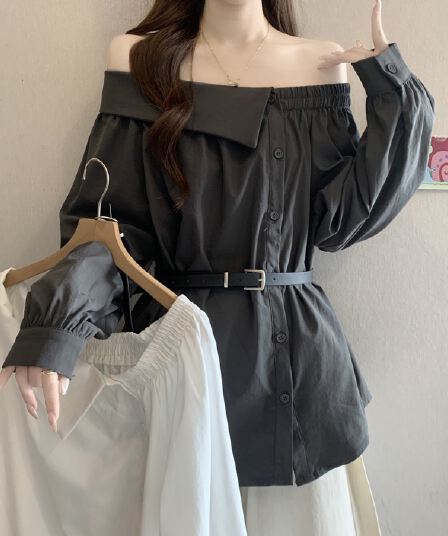 고급 센스 회색 폴로 칼라 오프숄더 긴팔 여성 셔츠 가을 새로운 지방 mm 품격 다용도 슬림해 보이는 고유 한 맨위