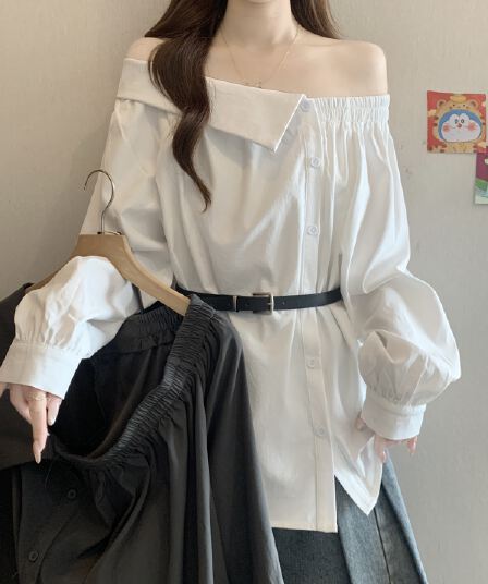 디자인 센스 Chic 폴로 칼라 오프숄더 긴팔 여성 셔츠 가을 새로운 지방 mm 품격 다용도 슬림해 보이는 고유 한 맨위