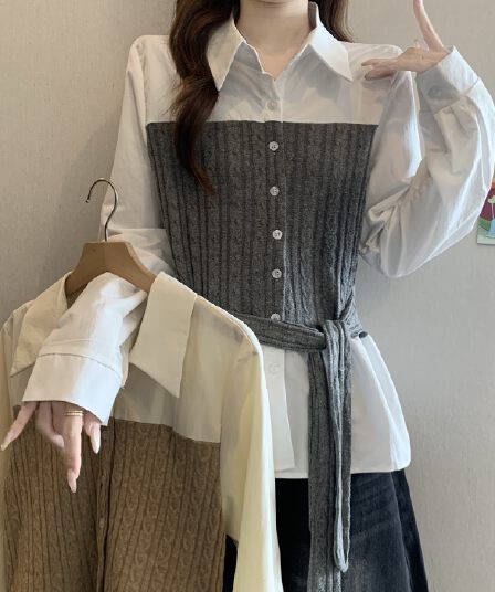 페이크 레이어드 불규칙 패치워크 니트 긴 소매 여성 셔츠 가을 새로운 지방 mm 품격 허리 수축 슬림해 보이는 고유 한 맨위