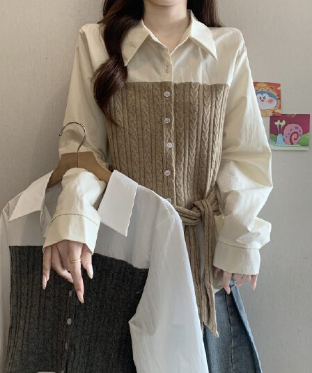 페이크 레이어드 꽈배기 니트 패치워크 POLO 칼라 긴팔 여성 셔츠 가을 새로운 지방 mm 스트랩 허리 수축 슬림해 보이는 맨위