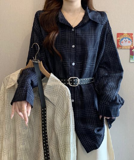 고급 센스 레트로 블루 색상 체크무늬 긍정적 인 어깨 긴팔 여성 셔츠 가을 새로운 지방 mm 허리 수축 슬림해 보이는 품격 맨위