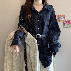 批发高级感复古藏蓝色格纹正肩长袖衬衫女秋新款胖MM收腰显瘦气质上衣