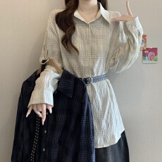 批发高级感复古格纹正肩长袖衬衫女秋新款2026胖MM收腰显瘦气质上衣