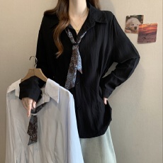 批发设计感撞色丝巾领带polo领长袖衬衫女秋新款胖MM收腰显瘦气质上衣