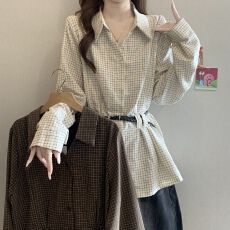 批发老钱风复古格纹polo领正肩长袖衬衫女秋新款胖MM气质腰带显瘦上衣