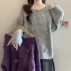 批发超好看立体蝴蝶灰色长袖毛衣女<b class='q'>秋</b>冬新款胖MM慵懒风显瘦漂亮针织衫