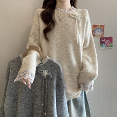 批发法式蕾丝拼接蝴蝶结系带长袖毛衣女<b class='q'>秋</b>冬新款胖MM正肩显瘦针织上衣