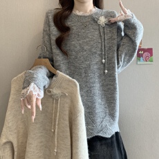 批发高级感蕾丝拼接蝴蝶结系带长袖毛衣女<b class='q'>秋</b>冬新款胖MM正肩显瘦针织衫