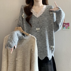 批发高级感立体蝴蝶结V领蕾丝毛衣女<b class='q'>秋</b>新款胖MM慵懒显瘦巨好看针织衫