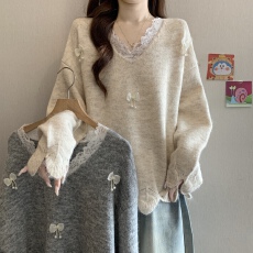 批发巨好看立体蝴蝶结V领蕾丝毛衣女<b class='q'>秋</b>冬新款胖MM慵懒显瘦正肩针织衫