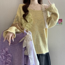 批发巨好看蕾丝系带立体花朵露肩毛衣女<b class='q'>秋</b>冬新款胖MM减龄显瘦针织上衣