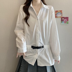 批发设计感V领正肩polo领通勤衬衫女秋新款胖MM收腰显瘦气质百搭上衣
