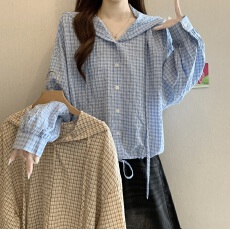 批发设计感复古格子连帽长袖衬衫女秋新款胖MM宽松遮肚显瘦抽绳上衣
