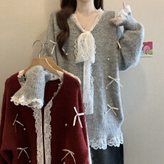 批发巨好看蕾丝拼接蝴蝶结V领毛衣女<b class='q'>冬</b>新款胖MM慵懒显瘦减龄百搭上衣