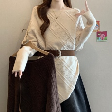 批发法式不规则蝙蝠袖针织衫女秋冬新款<b class='q'>胖</b><b class='q'>MM</b><b class='q'>气质</b>腰带收腰显瘦百搭毛衣