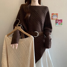 批发高级感不规则蝙蝠袖针织衫女冬新款<b class='q'>胖</b><b class='q'>MM</b><b class='q'>气质</b>腰带收腰显瘦百搭毛衣