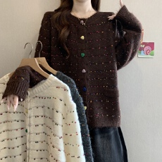 批发设计感彩色爱心纽扣彩点毛衣女秋冬新款<b class='q'>胖</b><b class='q'>MM</b><b class='q'>复古</b>减龄漂亮百搭上衣