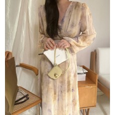 批发有货 春款 复古气质V领水墨印花晕染系带收腰长袖雪纺<b class='q'>连衣裙</b>