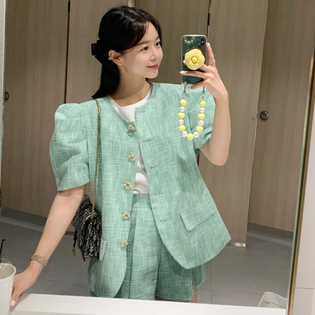 재고 있음 chic 금속 Chic 버클 거품 소매 면 린넨 재킷 하이웨이스트 루즈핏 반바지 세트