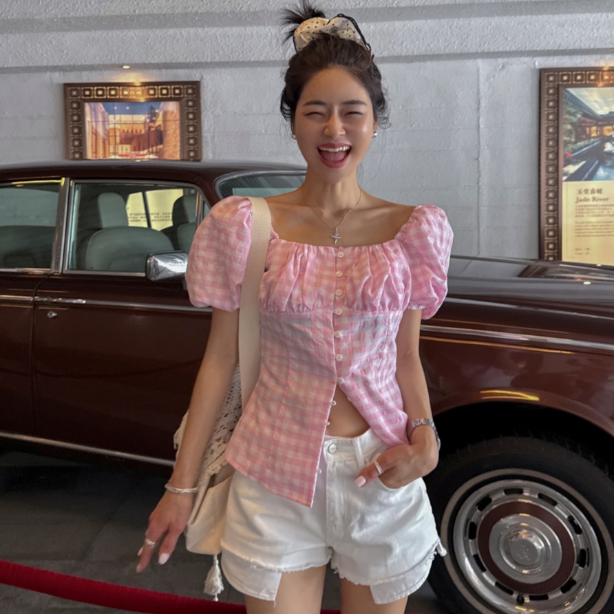 한 바람 작은 대중 ins 체크무늬 광장 칼라 거품 소매 셔츠