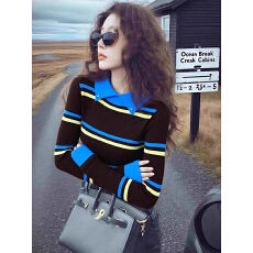 批发复古撞色条纹polo领毛衣打底衫女内搭冬季2025<b class='q'>新款</b>修高级感上衣