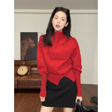 批发高级感红色高领蝙蝠袖毛衣女秋冬季内搭可外穿<b class='q'>不规则</b>开叉针织上衣