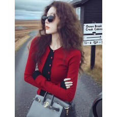 批发韩系撞色不规则单排扣长袖针织衫女2026<b class='q'>春</b>季新款休闲显瘦百搭上衣