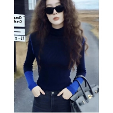 批发云上生活蓝宝石袖子拼色拼接撞色绵羊毛高领毛衣秋冬针织<b class='q'>打底衫</b>女