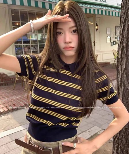 치아 세트 대 왕 miu 3 대 여성 의류 2026 새로운 여름 스트라이프 polo 니트 티셔츠 슈퍼 잘 생긴 맨위