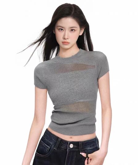 회색 홀로우 아웃 니트 반팔 티셔츠 여성 여름 몸매 가꾸기 하이웨이스트 이슬 뼈의 인사이드 가져 가라. 만나는 얼음 실크 쇼트 스타일 작은 맨위