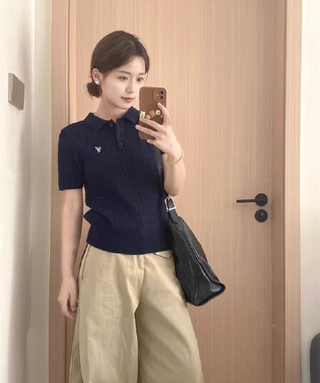 한 부서 해군 POLO 칼라 니트 반팔 티셔츠 여성 여름 고유 한 슈퍼 잘 생긴 쇼트 스타일 긍정적 인 어깨 의류