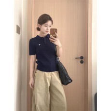 批发韩系藏青色polo领针织短袖t恤女夏季独特超好看短款正肩上衣