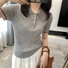批发设计感彩色纽扣polo领短袖<b class='q'>针织衫</b>薄款气质通勤绝美修身显瘦上衣女