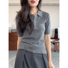 批发灰色Polo领短袖<b class='q'>针织衫</b>女2026夏季新款高级感冰丝t恤百搭显瘦上衣