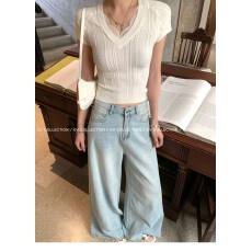 批发GV大白哥 清淡奶油 肌理针织蕾丝拼接修身短袖上衣春夏新款辣妹